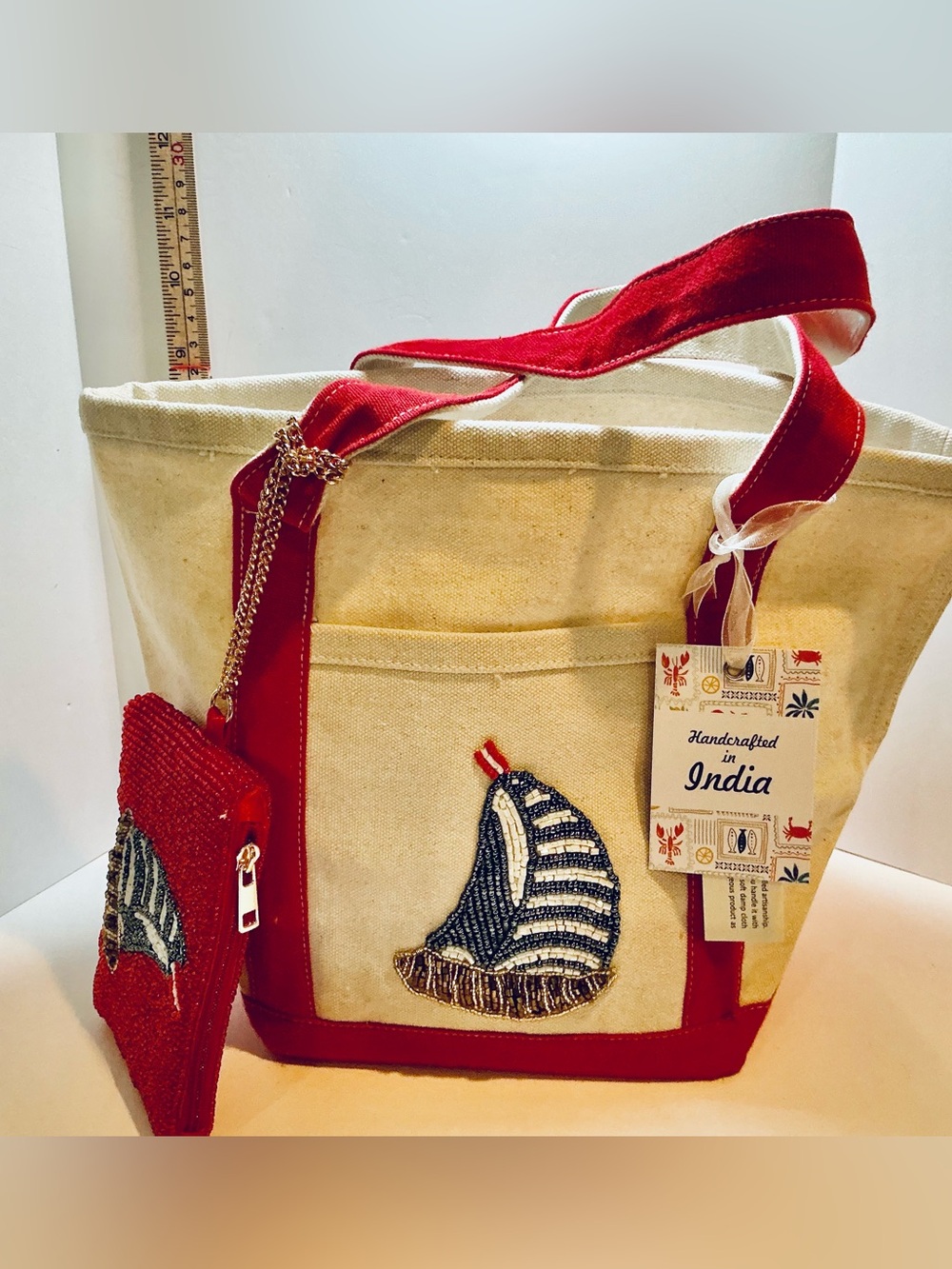 * Small Canvas Tote Bag & Matching Zippered Pouch with Sailboat Motif